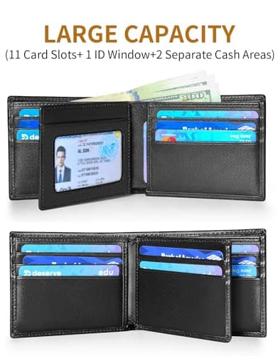 MARZAHAR Genuine Leather Mens Wallet, RFID Blocking Bifold Wallet for Men with ID Window, 11 Credit Card Slots (Black)