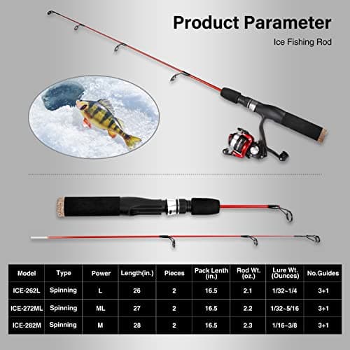 PLUSINNO Ultralight Winter Ice Fishing Rod Reel Combo 26/27/28 inch. Medium Light Fast Action Multi-Species Spinning Ice Fishing Pole Tackle Walleye Perch Panfish Bluegill-PP