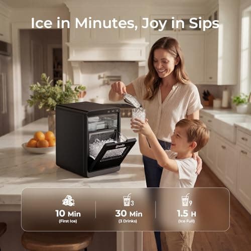 Nugget Ice Maker Countertop: 44lb/Day, Self-Cleaning, Black Stainless Steel, Portable, Soft Chewable Pebble Ice Machine for Home Kitchen, RV & Office