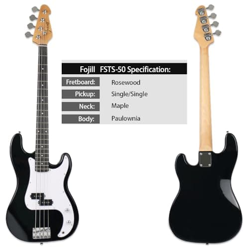 Fojill Full Size 4 Four String Electric Bass Guitar 20W Amplifier Amp Right Hand Beginner Starter Kit Set Combo Bundle Accessory Gig Bag,Strap,Picks,Capo,Noiselss Cable,Strings (Black)