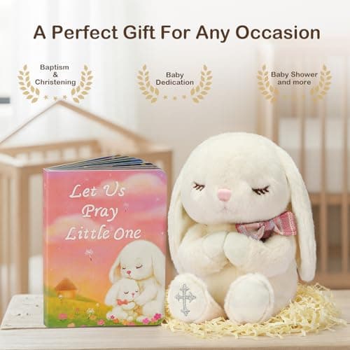 MyMateZoe Baptism Gifts for Girl, Great Christening, Dedication and Baptism Gift Set for Girl and Newborn Baby, Includes 7" Praying Bunny Plush Toy and Let Us Pray Baby Book in Keepsake Gift Box B0FP4P46HC