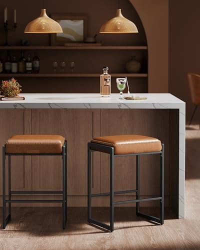 VASAGLE EKHO Collection - Bar Stools Set of 4, Counter Height Bar Stools, Synthetic Leather with Stitching, Mid-Century Modern Counter Stools, 26-Inch Tall, Kichen Home Bar Dining Room, Caramel Brown