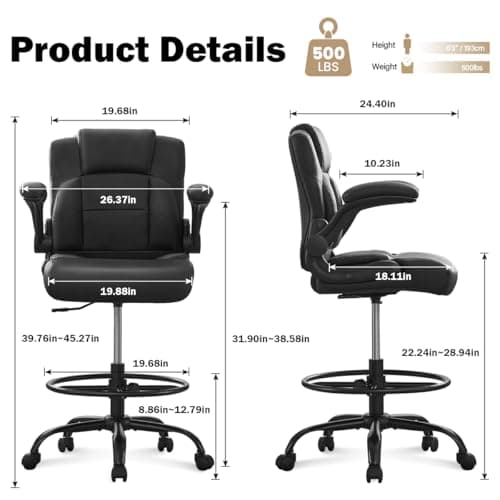 Ergonomic Drafting Chair,Tall Office Chair for Standing Desk with Flip-Up Armrests,Adjustable Foot Ring & Height, High Leather Executive Office Chair for Home,Drawing or Counter Height Use