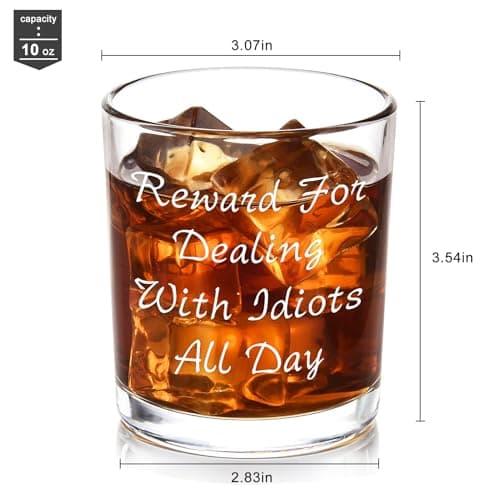 Futtumy Reward For Dealing With Idiots All Day Whiskey Glass, Funny Gifts for Men Coworker Friend Husband Boss Him, Novelty Old Fashioned Glass for Christmas Fathers Day Bosses Day Birthday, 10 oz