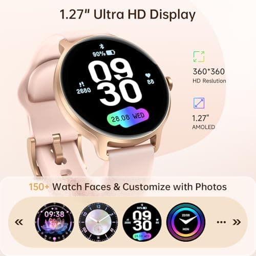 Smart Watch for Women, 1.27" AMOLED Screen Smartwatch with Answer/Make Call for iPhone/Android/Samsung, Fitness Tracker with 120+ Sport Modes, Heart Rate/Sleep/Health Monitor, IP68 Waterproof, 2 Bands