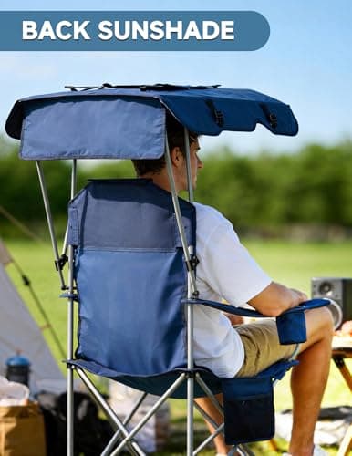 East Oak Camping Chair with Canopy | 25" High Back Folding Beach Chair with Canopy Shade, Supportive Headrest, Cup Holder, Side Pocket, 330 lbs Heavy Duty Canopy Chair for Outdoors