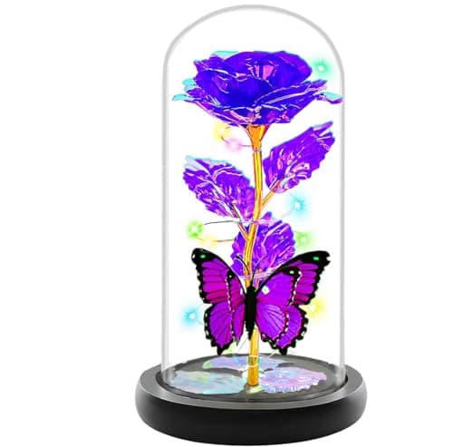 Christmas Rose Gifts for Women, Womens Gifts for Christmas Mom Sister Grandma Wife Her,Galaxy Crystal Light Up Rose Flower in A Glass Dome,Birthday Gifts for Women Butterfly Valentines Presents Purple