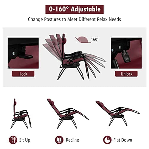 Tangkula Zero Gravity Chair, Folding Patio Lounge Chair Adjustable Outdoor Recliner with Cup Holder, Wide Armrest for Patio Garden Poolside Outdoor Yard Beach, Support 350 lbs (1, Wine)