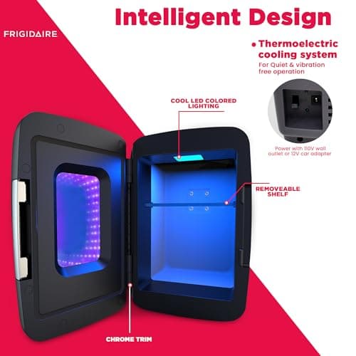 Personal Fridge Cooler, LED Light Door, Perfect for Gaming, Home, Office, or Car, Includes AC and 12V Car Charger Frigidaire, Mini Fridge Cooler, Holds Up to 6 Cans, B0BGYK6SVQ