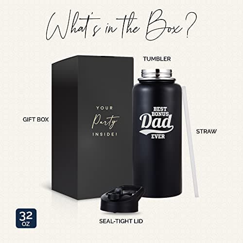 Best Bonus Dad Gifts From Daughter and Son, Tumbler 32 Oz Stainless Steel Insulated Water Bottle, Step Dad Gifts For Fathers Day and Birthday, Coffee Cup with Lid and Straw, Christmas Gift For Stepdad