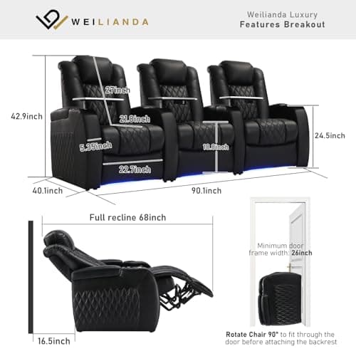 Weilianda Home Theater Seating Top Grain Leather, Zero Gravity Movie Theater Chairs Set, Power Headrest Recliner Chair Gaming Seats, 7 Colors Mood Light Sofa with Tray Table USB Charge Row of 3 Black