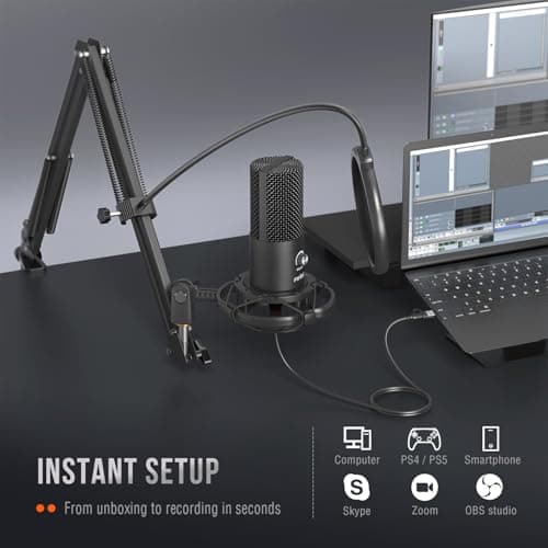 FIFINE Studio Condenser USB Microphone Computer PC Microphone Kit with Adjustable Boom Arm Stand Shock Mount for Instruments Voice Overs Recording Podcasting YouTube Vocal Gaming Streaming-T669