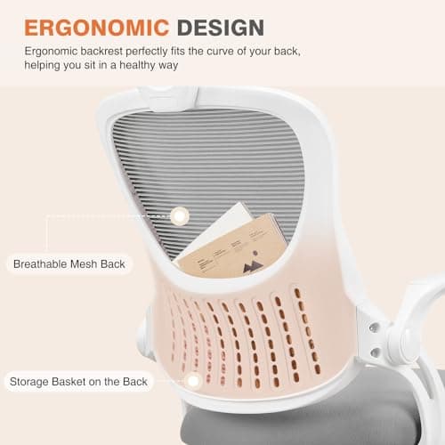 Sweetcrispy Home Office Desk Chair, Ergonomic High-Back Mesh Rolling Work Computer Chairs with Wheels and Adjustable Headrests, Comfortable Lumbar Support, Comfy Flip-up Arms for Bedroom, Study, Grey