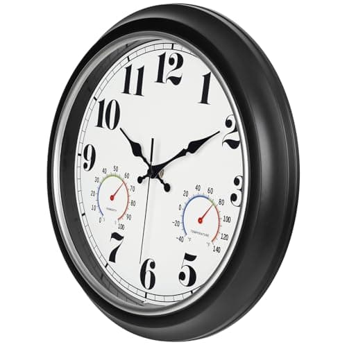 45MinST 13-Inch Vintage Outdoor Wall Clock with Thermometer and Hygrometer, Waterproof, Large Numbers, Silent, for Indoor and Outside Use,Porch,Garden,Pool(Black Frame with Silver Trim)