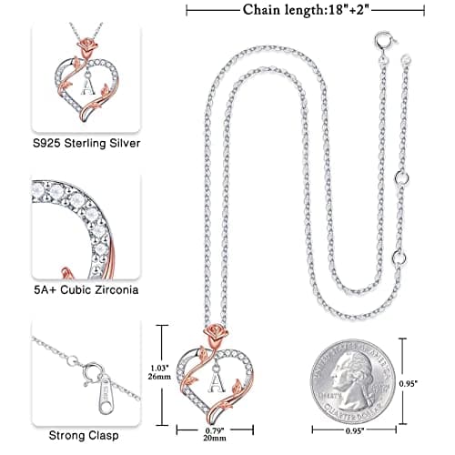 Iefil Rose Heart Necklaces Gifts for Women - 925 Sterling Silver Heart Initial Necklace, Anniversary Birthday Gifts for Women, Jewelry Gift for Wife Wife Girlfriend Mom