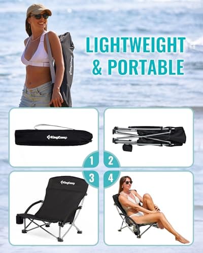 KingCamp Low Beach Chair, High Back Folding Camping Chair for Adults, Oversized Breathable Mesh Seat, 300lbs Heavy Duty Portable Chair with Cup Holder & Storage Pockets for Beach, Outdoor