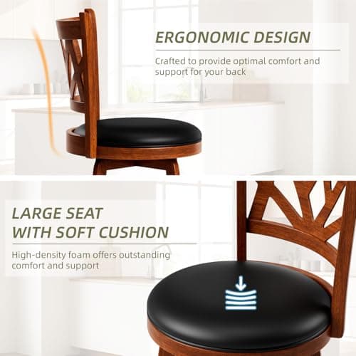Swivel Barstools Set of 4, Farmhouse 24" Counter Height Bar Stools with Backs, Lotus Pattern Carved Bar Chair with Solid Wood Legs & Footrest for Kitchen Island, Home Bar, Pub. Brown