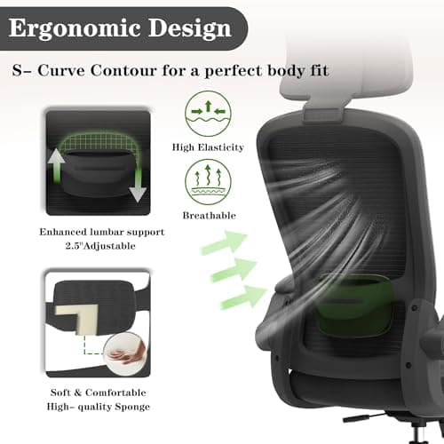 Ergonomic Office Chair for Long Hours Sitting – Back & Neck Pain Relief, Adjustable Lumbar Support & Headrest, High-Density Foam Seat, Ideal for Work & Home Office, Black
