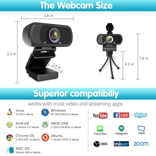 Webcam HD 1080p ,Live Streaming HD Camera with Stereo Microphone, PC Desktop or Laptop USB Webcam with 110 Degree View Angle, for Switch 2,Video Calling, Recording, Conferencing, Streaming, Gaming
