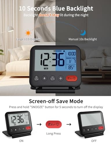 NOKLEAD Digital Travel Alarm Clock for Bedroom Office: Small LCD Desk Clock with Backlight Date Temperature Snooze 12/24H Weekend Mode and Mirror, Battery Powered Folding Bedside Clock for Adult Kids