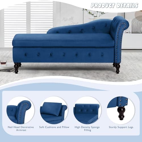 Upholstered Chaise Lounge with Right Armrest & Lumbar Pillow,Button Tufted Lounge Sofa with Storage,Lounge Chair Indoor,Modern Velvet Lounge Chair for Bedroom, Living Room and Office,Blue