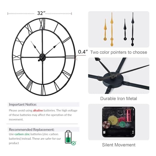 Ohweog Large Wall Clock for Living Room Decor – 32 Inch Silent Non-Ticking Modern Farmhouse Wall Clock, Oversized Decorative Metal Roman Numeral Clock, Black