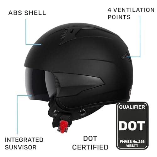 Westt Open Face Motorcycle Helmet, 3/4 Motorcycle Helmet DOT Approved, Lightweight Moped Helmet with Built-in Sun Visor, Quick Release Strap, Removable Washable Liner, Scooter Helmet for Adults