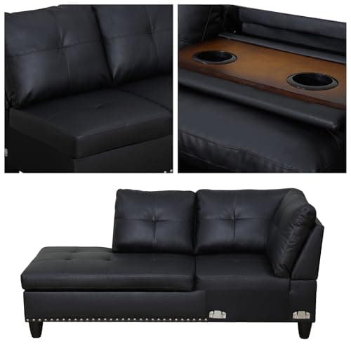 Trygoal Leather 3-Piece L-Shaped Couches for Living Room, Sectional Sofa with Storage Ottoman & Movable Chaise, Modular Convertible Couch for Bedroom & Apartment, Deep Black