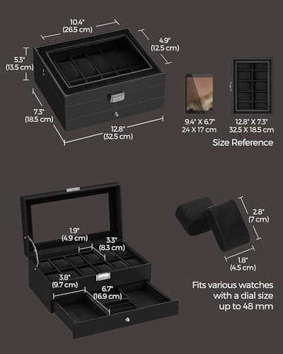 SONGMICS Watch Box, 12-Slot Watch Case Organizer with Large Glass Lid, 2 Layers, Removable Pillows, Metal Lock, Gift for Loved Ones, Black Synthetic Leather, Black Lining UJWB012B03