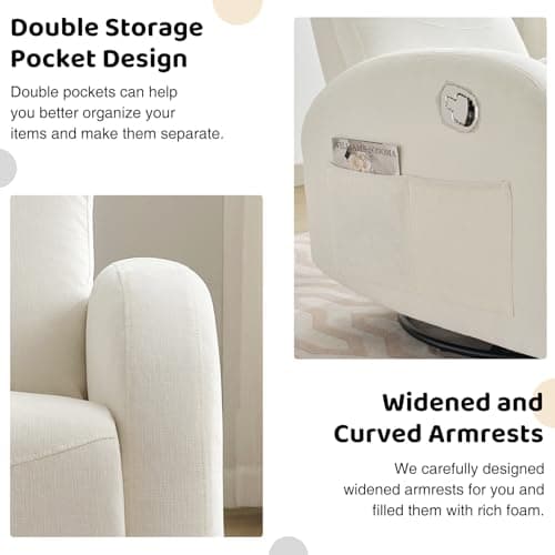 Rocking Recliner Nursery Chair, Swivel Recliner Glider for Nursery with 2 Pockets, Reclining Rocking Chair, Manual Recliners for Living Room, Bedroom, Cream White Chenille