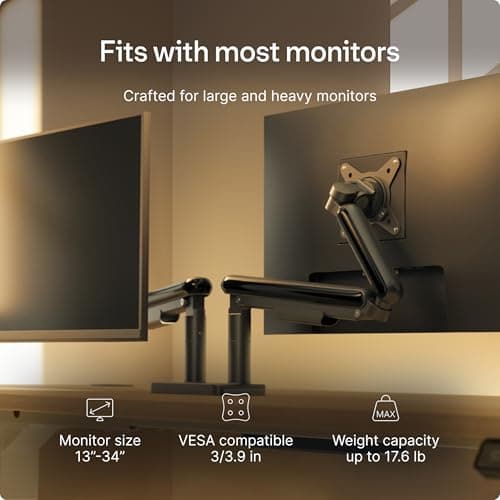 Desktronic Dual Monitor Arm — PowerSpring Technology for 2 Monitors, Up to 34" & 17.6 lbs Each, 360° Rotation, VESA 75/100 Compatible, Ergonomic Design for Home Office & Gaming Setup