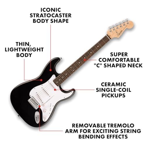Fender Squier Debut Series Stratocaster Electric Guitar, Beginner Guitar, with 2-Year Warranty, Includes Free Lessons, Black with Matte Finish