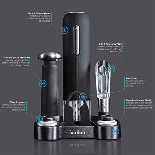 Ivation Wine Gift Set – Includes Electric Opener, Aerator, Vacuum Preserver, 2 Stoppers, Foil Cutter & Charging Base