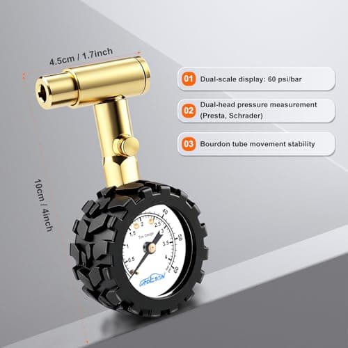 GODESON Bike Tire Pressure Gauge - Dual Head for Schrader & Presta Valves,0-60 PSI / 4 BAR Range, 1.5-Inch Dial with Gear Protection Sleeve - Suitable for MTB, Road, E-Bikes and Motobike