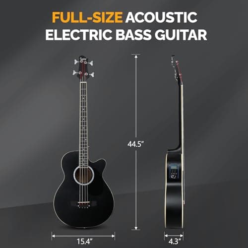 GLARRY Full Size Acoustic Electric Bass Guitar Beginner Kit w/ 15W Amp, Cutaway 4 Strings Electric Acoustic Bass Guitar w/Inbuilt Tuner, Bag, Strap, Picks, Strings, Bass Guitarra，Matte Black