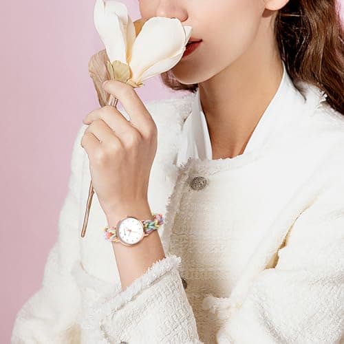 JewelryWe Womens Stretch Band Watches: Analog Quartz Elastic Watch Colorful Weave Rope Expansion Band Wristwatch for Valentine's Day
