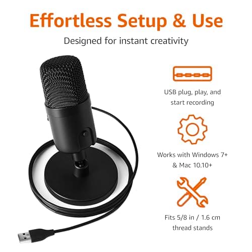Amazon Basics USB Condenser Microphone for Streaming, Recording, and Podcasting on PC, Plug and Play, Cardioid Pickup, Adjustable Stand with 360° Rotation, 5.8 x 3.4 inches, Black
