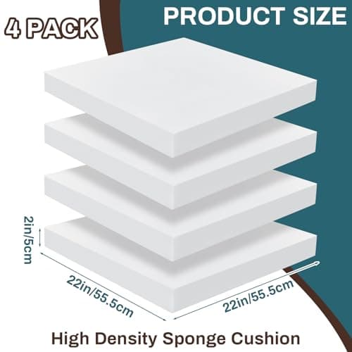 Frienda 4 Pack 2" x 22" x 22" Upholstery High Density Foam Cushion Seat Replacement Square Cut to Size Foam Couch for Patio Furniture Commercial Dinning Chair Couches Benches Padding DIY Projects
