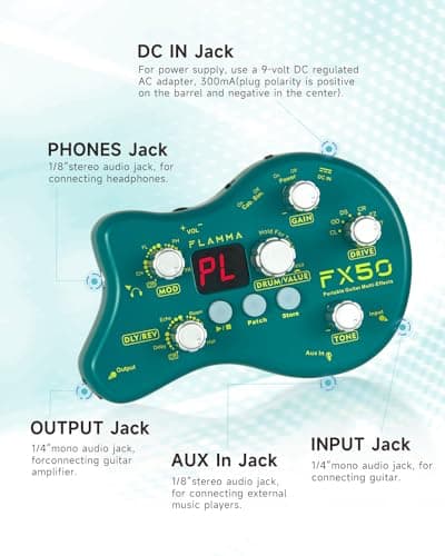 FLAMMA FX50 Practice Guitar Pedal Multi Effects Pedal Mini Portable with 40 Drum Rhythms15 Effects 32 Patches Tuner Function Support Both Corded and Battery Powered