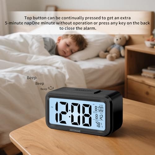 KESHIDE Digital Alarm Clock Battery Operated with Indoor Temperature, Desk Small Clock,Snooze Model,12/24H Display for Bedrooms Heavy Sleepers Kids Travel Bathroom (Black)