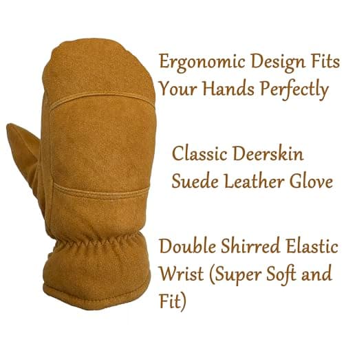 SKYDEER Premium Full Deerskin Suede Leather Soft Winter Mittens, Extra Warm 100G 3M Thinsulate, Thermal Insulated (SD3671M)