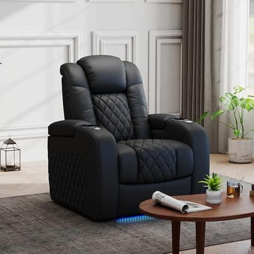 PBRO Home Theater Seating Top Grain Leather Recliner Chair, Movie Theater Chair Sofa with Power Reclining & Headrest USB Charger Ports Ambient Lighting, Black Single Seat for Home