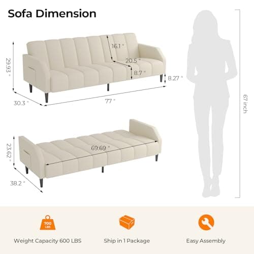 Fadware Faux Leather Couch, Convertible Futon Sofa Bed with Adjustable Backrest, Mid Century Leather Sofa Loveseat with Side Pockets& Metal Leg, Modern Leather Sleeper Sofa for Living Room Bedroom