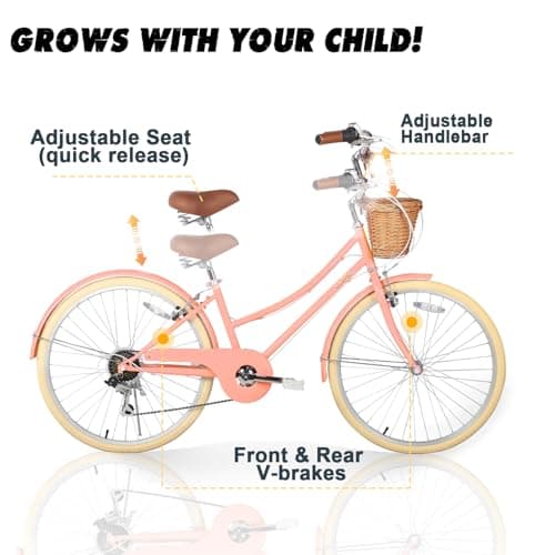 Glerc 20 24 26 Inch Beach Cruiser Bike, 6-Speed Hybrid City Bicycle for Girls Youth and Over 6 Years Old, Missy Bike with Wicker Basket & Lightweight, Multiple Colors