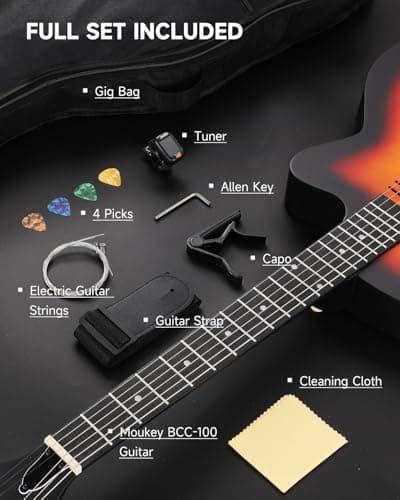 Moukey BCC-100 Acoustic Electric Guitar 39-Inch, Cutaway Guitar with Passive Pickup, Gig Bag, Strap, Picks, Tuner, and Capo, Dual Acoustic＆Electric Modes, Sunburst