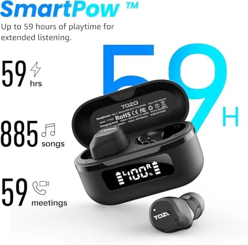 TOZO NC9 Hybrid Active Noise Cancelling Wireless Earbuds, 6 Mics ENC Clear Call, IPX8 Waterproof, in Ear Bluetooth 5.3 Headphones Stereo Bass Ear Buds 59H Playtime with LED Display 32 EQs via APP