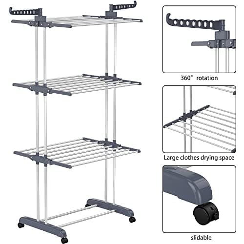 HOMIDEC Clothes Drying Rack, Oversized 4-Tier(67.7" High) Foldable Stainless Steel Drying Rack Clothing, Movable Drying Rack with 4 castors, 24 Drying Poles and 14 Hooks for Bed Linen, Clothing, Grey