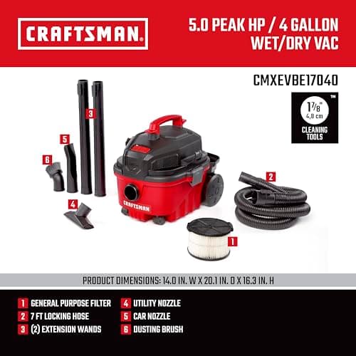 CRAFTSMAN CMXEVBE17040 4 Gallon 5.0 Peak HP Wet Dry Vac, Portable Shop Vacuum Wet and Dry with Filter, Hose and Attachments for Home and Automotive Cleaning