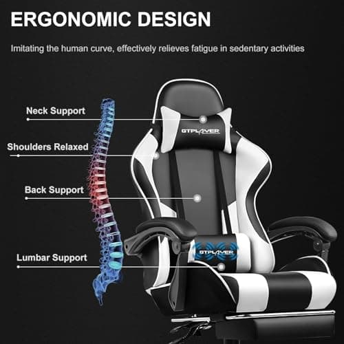 GTPLAYER Gaming Chair, Computer Chair with Footrest and Lumbar Support, Height Adjustable Game Chair with 360°-Swivel Seat and Headrest and for Office or Gaming (Snow White)