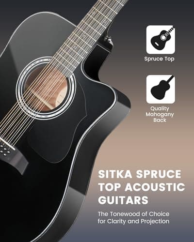 Fesley 12 String Guitar: 42" Full Size Acoustic Electric Guitars for Beginners Adults, Spruce Top Guitarra Acustica, Cutaway Guitar Bundle with Gig Bag, Picks, Strings, Strap, Gloss, Black
